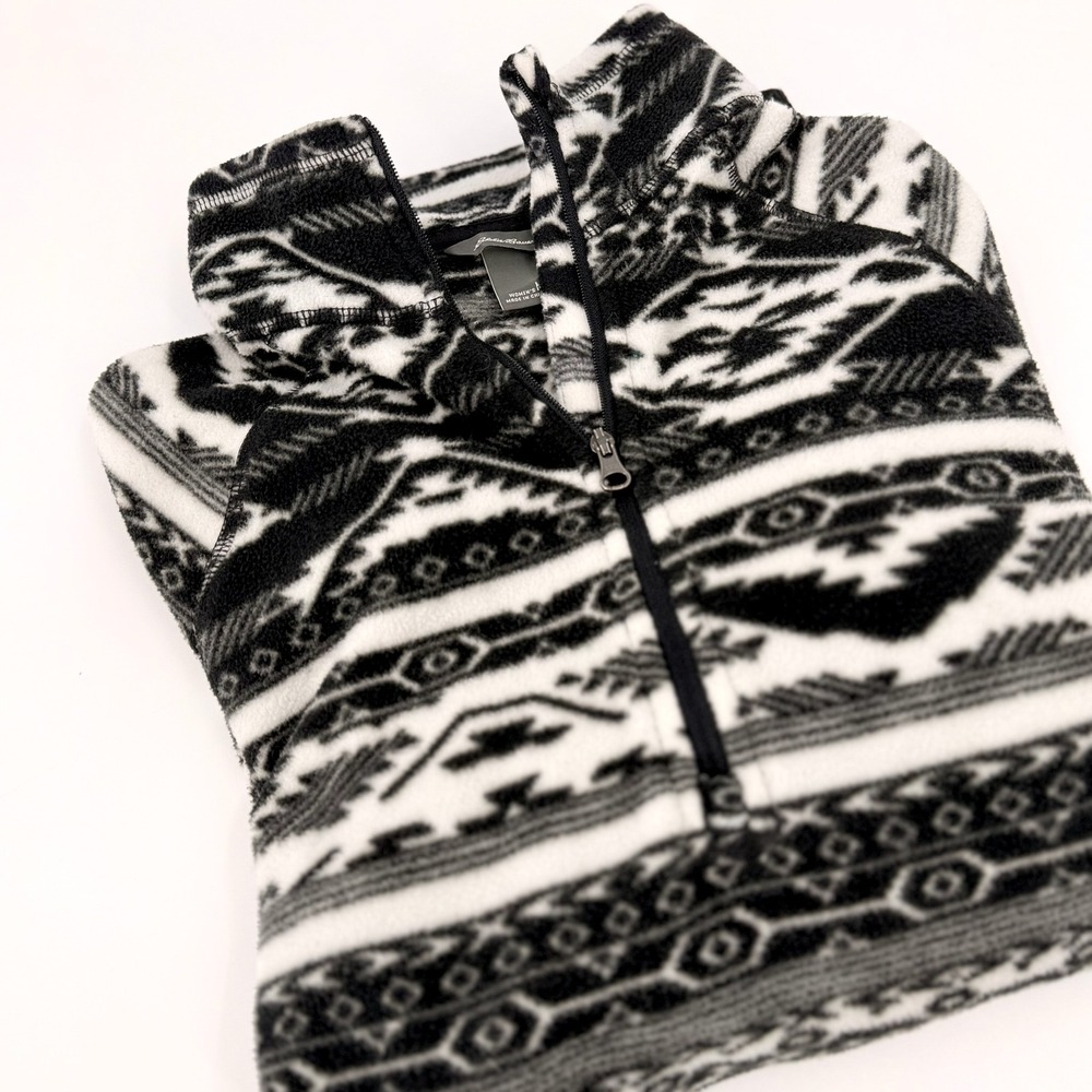 Eddie Bauer Fleece Pullover Womens M Black White Aztec Quarter Zip Excellent